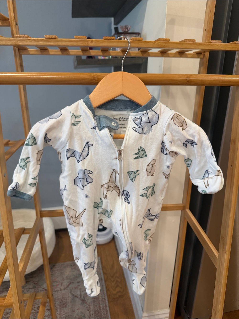 Burt's Bees Baby Cream Footed One-Piece with Blue and Green Origami Animals